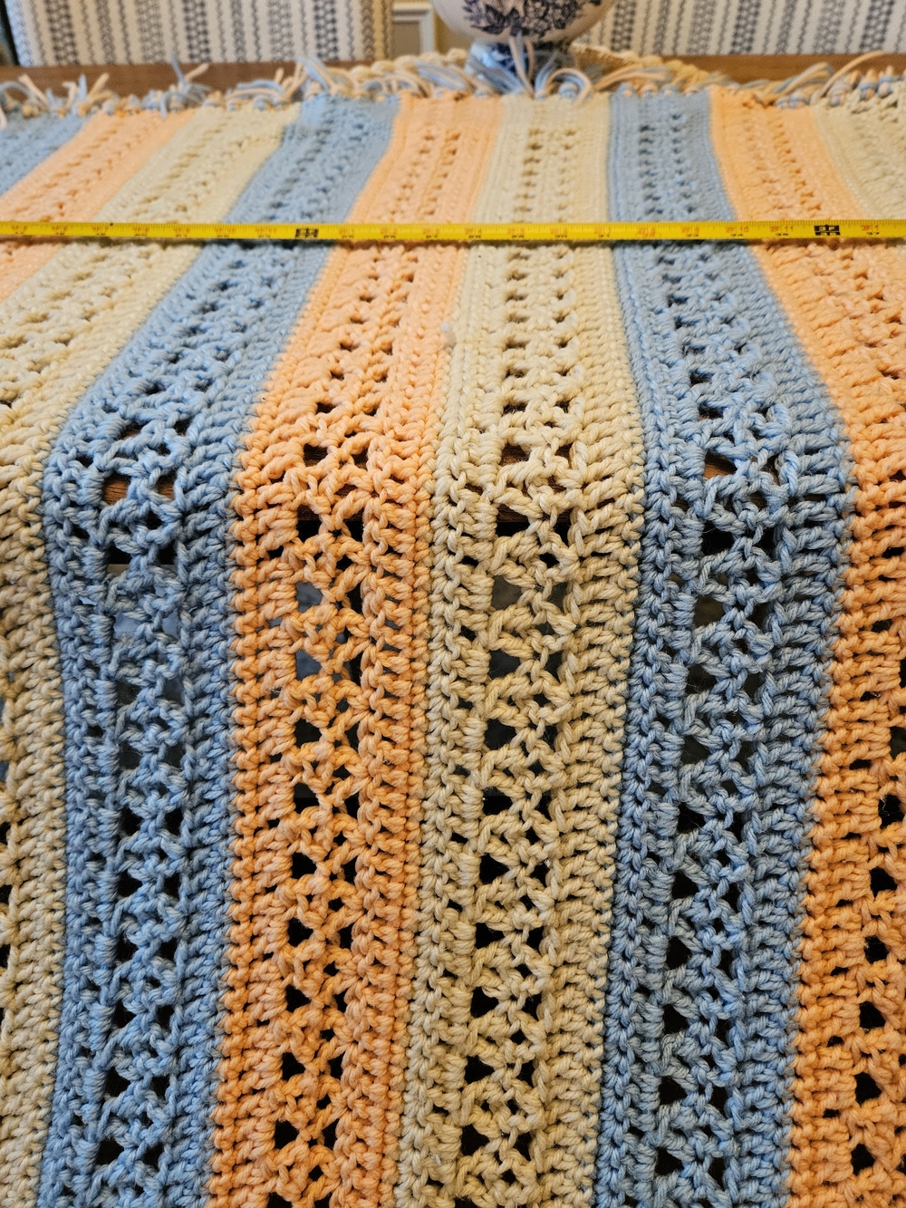 Handcrafted Blue, Peach & Cream Crochet Bed Throw - Home Bedding